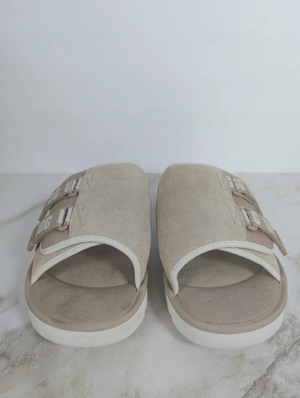 UGG Goldencoast Strap Slide Sand/Santorini Tan White Slip On Sandals Slides, 14